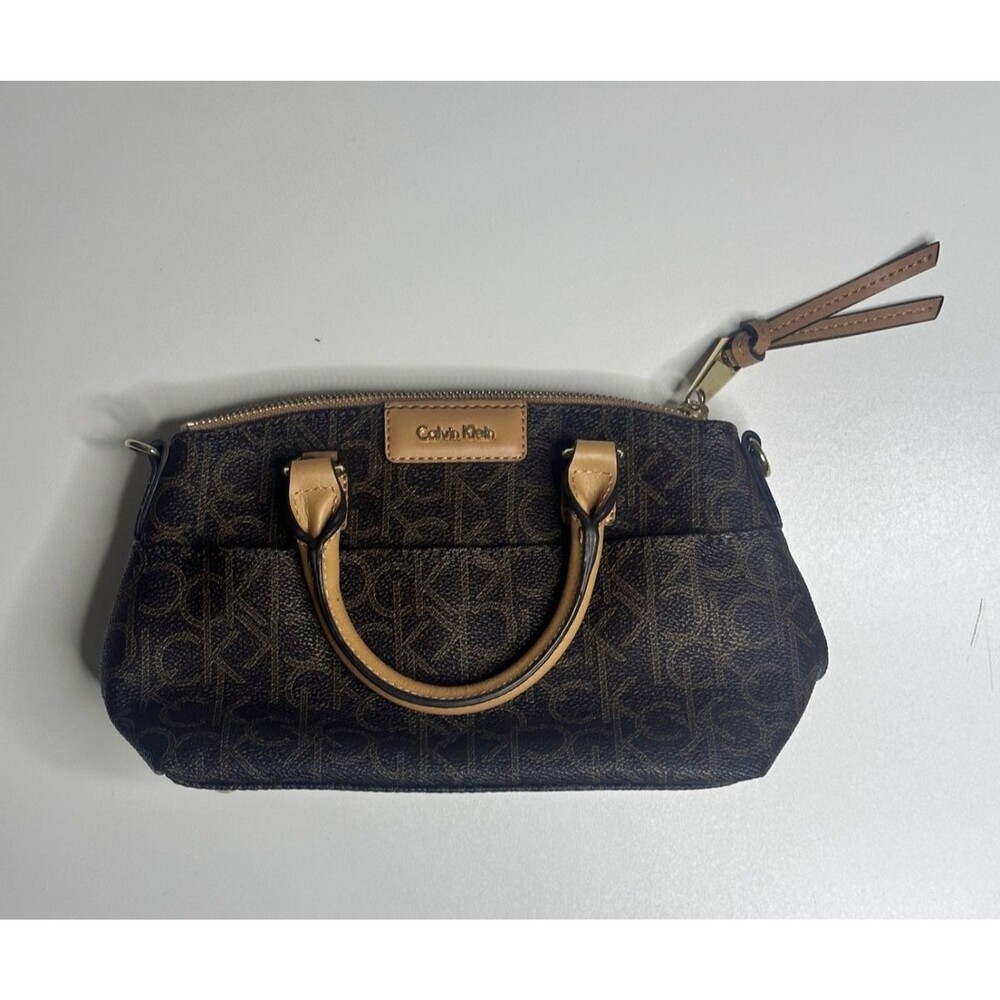 Calvin Klein Monogram Mini Satchel Handbag Brown Tan Gold Hardware